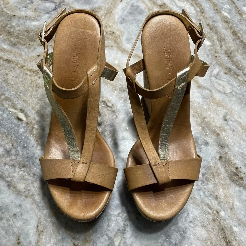 Jimmy Choo Leather and Kork Wedge Sandals Size 37.5